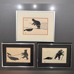3 Framed Henry Napartuk Arctic Life Original Prints, Lithographs